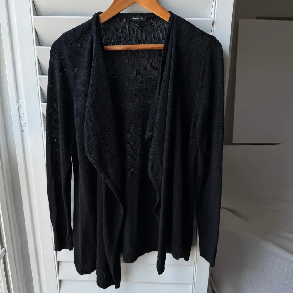 TALBOTS Black Linen Sweater Open Front Cardigan Womens M Summer Layering